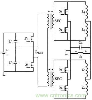 交錯并聯低壓大電流DC- DC變換器的電路原理圖