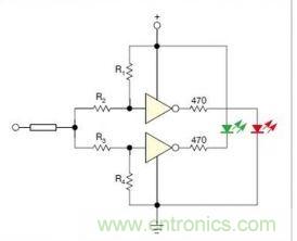 在雙門構成的CMOS/TTL兼容探頭中，R1至R4電阻網絡對反相器輸入端做偏置