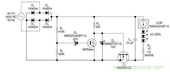 圖1：電路以恒流驅動一串LED，可用于全世界的各種交流電壓