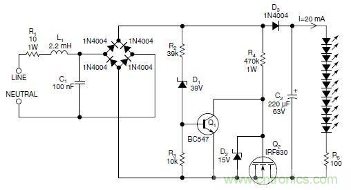 圖2：斬波工作類似圖1中的電路，但以較大的LED串聯電阻代替了恒流源，提供限流功能