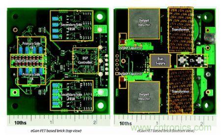 圖6：采用eGaN FET設計的48V至53V半磚PSE轉換器的頂視圖和底視圖(單位為英寸)。