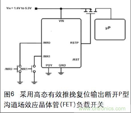 圖6 采用高態有效推挽復位輸出斷開P型溝道場效應晶體管(FET)負載開關