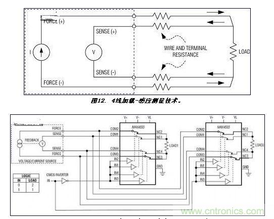 . 使用MAX4555將4線加載-感應電路從一個源切換至兩個負載