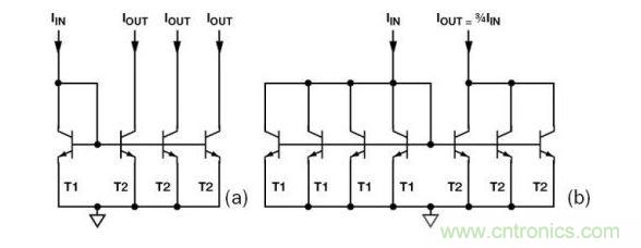 （a） 多級電流鏡 （b） 非整數比例電流鏡可將3個T2集電極結合起來，得到3IIN