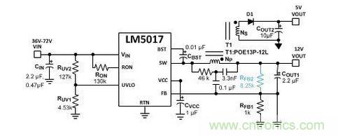 基于 LM5017 的 Fly-Buck 轉換器電路，沒有基于光耦合器的穩壓電路