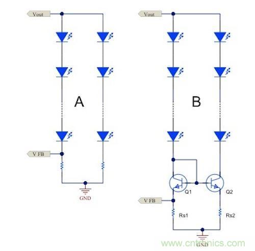 電流鏡 (B) 可針對簡單電阻器電流調節 (A) 提供各種優勢。