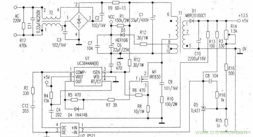 一款應用于電子裝置中的開關電源電路圖