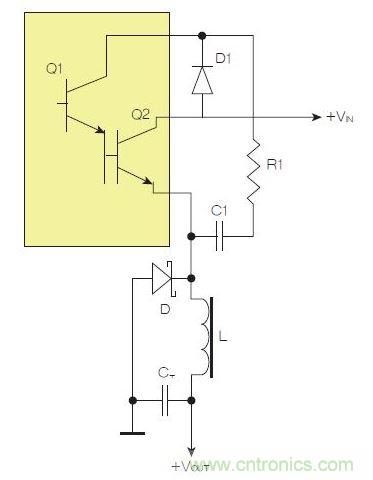 為了實現用兩個元器件提升電源轉換效率，芯片上應有針對驅動器晶體管Q1集電極的單獨引腳。