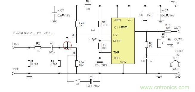 含JFET輸入和NE555的耳機/線路驅動器