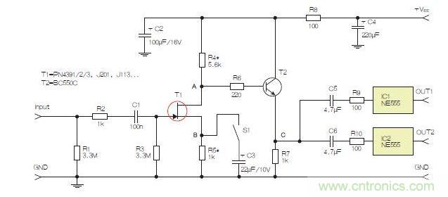 所示電路采用兩個工作在不同頻率下的555定時器，以獲取不同的音