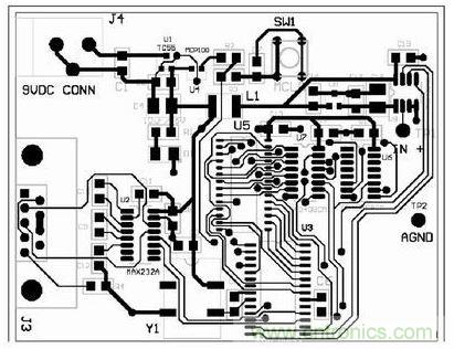 采用自動布線為圖3所示電路原理圖設計的電路板的底層