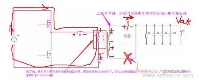 上管開通，注意諧振電感、勵磁電感、諧振電容的正負