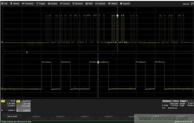 使用CustomDSO運(yùn)行VB腳本“zoom_Track.lss”。當(dāng)腳本運(yùn)行時(shí)，縮放波形的中心將跟蹤水平的光標(biāo)絕對(duì)位置。從圖中可以看出，光標(biāo)將永遠(yuǎn)位于縮放波形Z1的中心