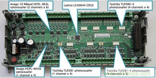 圖2：Rockwell選擇光耦作為Micro850 PLC的數字I/O電路板上的設備輸入和輸出端的核心隔離策略。