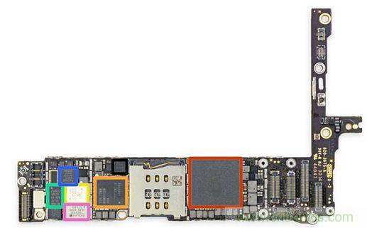 iPhone 6 Plus主板采用1GB RAM的蘋果A8 SoC作為核心部件。（來源：iFixit）