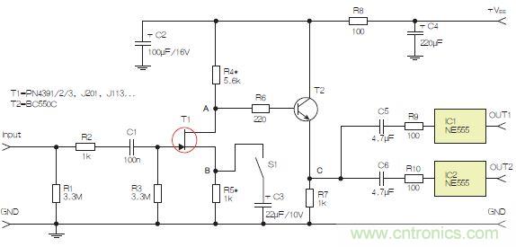 圖3：采用兩個工作在不同頻率下的555定時器電路，以獲取不同的音效。