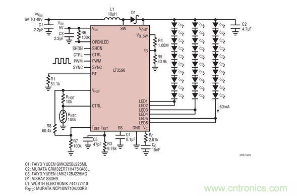 LED驅動器用于30個白光LED