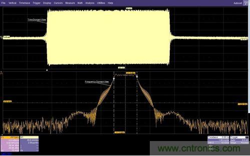 面的時域圖顯示了脈沖調制的射頻載波，下方的頻域圖顯示了在997MHz和1002MHz之間均勻分布的載頻