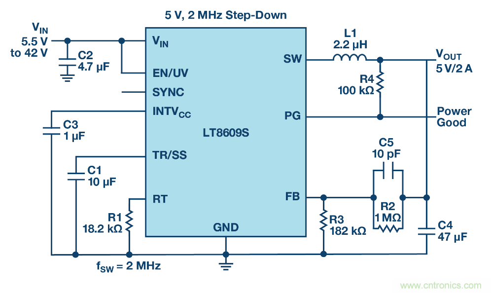 具 2.5 μA 靜態電流和超低 EMI 輻射的 42 V、2 A/3 A 峰值同步降壓型穩壓器