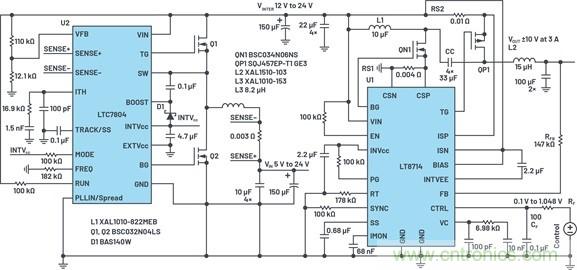 通過5 V至24 V輸入提供雙極性、雙向DC-DC流入和流出電流