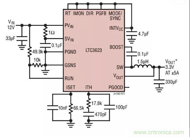 高效率、15V 軌至軌輸出同步降壓型穩(wěn)壓器能提供或吸收 5A