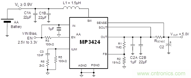 MP3424單節AA電池升壓解決方案