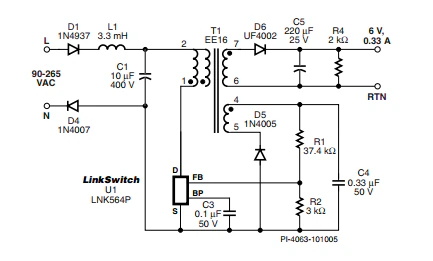 LinkSwitch-LP 系列旨在取代手機/無繩電話、PDA、數碼相機和便攜式音頻播放器等應用中輸出功率 < 2.5 W 的低效線頻線性變壓器電源。LinkSwitch-LP 還可用作白色家電等應用中的輔助電源。  LinkSwitch-LP 將高壓功率 MOSFET 開關與 ON/OFF 控制器集成在一個設備中。它完全由漏極引腳自供電，具有低 EMI 的抖動開關頻率，并且具有全面的故障保護。自動重啟可限制過載和輸出短路條件下的器件和電路耗散，而遲滯過溫保護會在熱故障期間禁用內部 MOSFET。EcoSmart 技術使設計能夠輕松實現 < 150 mW 的空載功耗，滿足能源效率要求。  LinkSwitch-LP 的設計目的是在輸出功率低于 2.5 W 時無需初級側鉗位電路，從而顯著減少組件數量和總系統成本。圖 1 顯示了基于 LinkSwitch-LP 的 2 W 電源，不帶初級側鉗位。LinkSwitch-LP 系列經過優化，當變壓器上的輔助或偏置繞組提供反饋時，可提供近似的 CV/CC 輸出特性。這非常適合取代工頻變壓器的應用，提供兼容的輸出特性，但過載、短路電流和輸入線電壓變化較小。  　  在無鉗位設計中使用 LinkSwitch-LP 的基本電路原理圖。  快速開始  　 LinkSwitch-LP 反激式設計流程圖