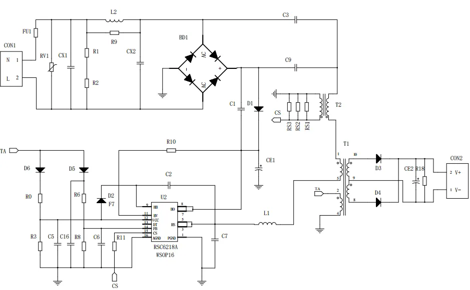 一、LED驅動模塊RSC6218A REASUNOS(瑞森半導體)通過持續投入研發，提升LLC應用技術，集成控制芯片與功率轉換，成功推出新一代產品RSC6218A WSOP-16，延續瑞森LLC拓撲方案，時機趨勢完全迎合我國雙碳政策，電氣特性契合新版國標GB/T 17625.1-2022和歐盟新版ERP認證EU2019/2020雙重法規，專為中小功率的產品提供優秀的方案；接下來會分幾個篇章持續介紹新方案產品的應用資料和設計實例分享：  RSC6218A功率模塊內部集成CS-CP-LLC電源半橋模塊和功率轉換模塊，延續瑞森主題設計方向單級實現高PF無頻閃技術和LLC諧振軟開關技術方案：該型號適用于5-18W功率段；具備高轉換效率(90%+)，高PF(>0.96)，低THD(<10%)，小型化(縮小PCB面積10-25%)，通過優化產品內部設計提升產品內部功率器件的開啟與關閉性能，避免干擾發生，最高工作頻率達200KHZ，實現WSOP-16封裝兼顧散熱與小型化；并且內部可自動設置死區時間，讓方案可靠易設計。 產品可廣泛應用于： 1.護眼系列燈具：如教室燈、辦公燈、護眼臺燈、壁燈、閱覽室燈等； 2.家居類燈具：如客廳燈、臥室燈、兒童房燈、廚房燈、走廊燈等； 3.軌道類燈具：地鐵照明、高鐵照明、隧道照明、車站照明等； 4.商照類燈具：筒燈、射燈、投射燈、 亮化燈、防爆燈等； 方案起到提供高效，穩定，長壽命的作用。 二、產品功能框架  三、IC各PIN腳功能說明  PIN1 PGND 功率地，內部是連接低邊MOS的S端地線； PIN2  NC  PIN3  HS 半橋MOS低邊漏極PIN； PIN4  HS 半橋MOS低邊漏極PIN； PIN5  HS 半橋MOS高邊源極PIN； PIN6  HS 半橋MOS高邊源極PIN； PIN7  NC  PIN8  HO 半橋MO高邊漏極； PIN9  HO 半橋MOS高邊漏極； PIN10 HB 半橋驅動高邊電源，通過外置的一個二極管與電容組成自舉回路，為高邊 MOS 的開啟提供電平； PIN11 VIN 高壓啟動的輸入腳，最高耐壓可達DC600V，啟動電流在1.7mA，一般應用是從高壓電解處串接一個1206100K電阻引到PIN1，在整個環路還未建立起來時，是靠這個引腳的供電通過內部連接到PIN6VCC，然后把VCC電容慢慢充電到芯片的啟動電壓后，芯片開始工作。整個環路建立起來后，VIN腳內部關斷，VCC 通過外部變壓器輔助繞組供電維持正常工作； PIN12  VCC 信號電源引腳， 工作電壓范圍 8-20V，工作電流在 0.8mA，靜態工作電流是 720uA； PIN13  NC DT懸空腳； PIN14 FB  電壓反饋輸入，VFB中心值是1.2V，該引腳的功能主要是限定空載電壓的最大幅度，該芯片空載保護屬于打嗝模式，可以有效降低空載損耗，能效要求輕松符合小于0.5W的要求； PIN15  CS 電流采樣正弦波信號輸入該PIN腳是通過線路中的互感電感采樣得到全波的正弦波信號， 通過電阻轉換為電壓信號后，輸入到CS PIN腳， 內部連接到壓控振蕩器，根據輸入進來的電壓幅值大小，以及正弦波的頻率，壓控振蕩器輸出對應的方波來控制LG與HG端的MOS開關頻率，實現恒流調節控制； PIN16  AGND 信號地參考電平，主要連接 VCC，FB 對應 PIN 腳的元件地線。 四、關鍵PIN腳參數設定范圍  五、典型應用原理圖  關注瑞森半導體公眾號，接下來持續分享具體案例的設計參考文檔，攜手各伙伴們實現新版國標GB/T17625.1-2022的順利達標，為工程師縮短開發周期，讓工廠端得到滿意的產品，給客戶一個滿意的答卷，得到需要的利潤空間。