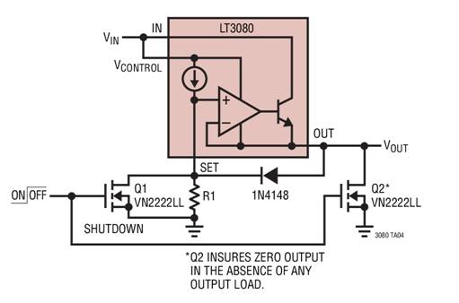 利用LT3080x電流源基準線性穩壓器停機